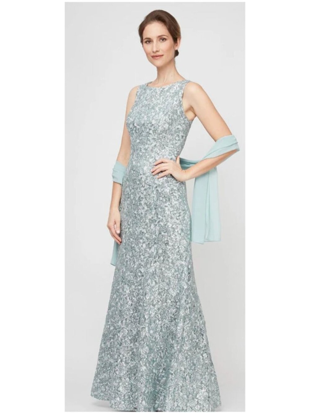 Alex Evenings Womens 10 Petite Dress Long Formal Lace Gown Sequins Sage Evening